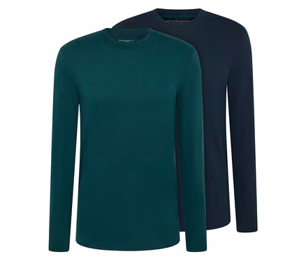Deux t-shirts à manches longues, un vert et un bleu foncé.