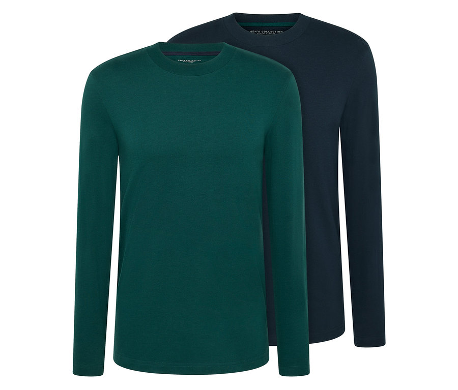 Deux t-shirts à manches longues, un vert et un bleu foncé.