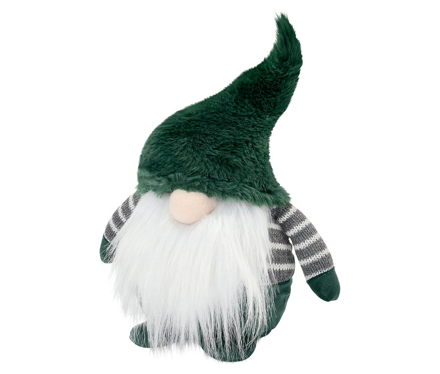 Un grand gnome de Noël à LED avec un chapeau vert hirsute, une barbe blanche et des manches rayées grises.