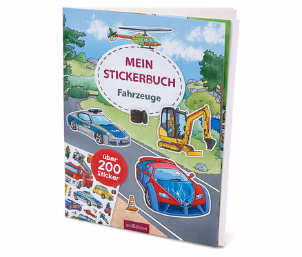 Gros plan d'un livre d'autocollants avec des illustrations de véhicules, notamment un hélicoptère, une voiture de police et une pelleteuse.