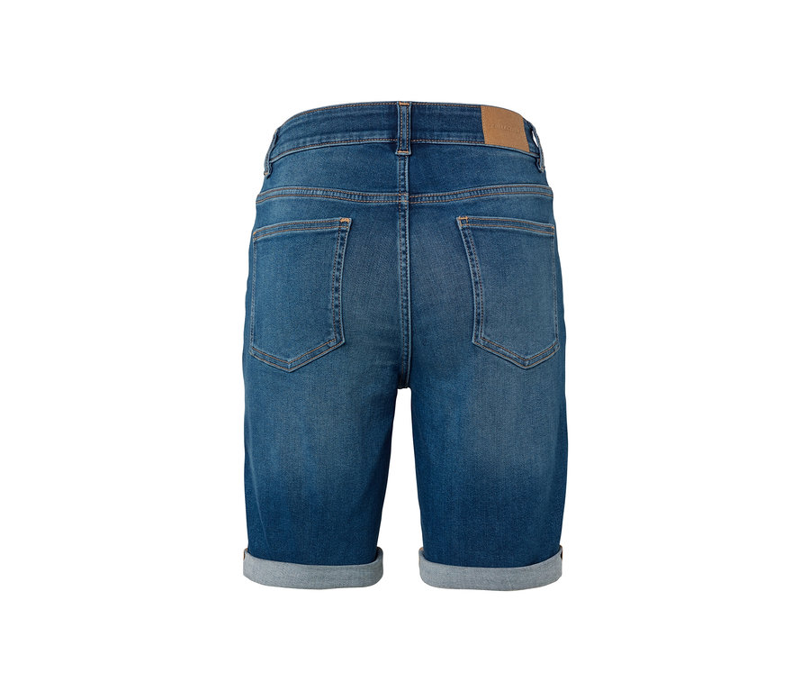 Vue arrière du bermuda en jean coupe « Lea » en denim bleu moyen.