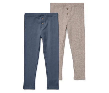 Deux leggings côtelés avec boutons, un bleu et un beige.