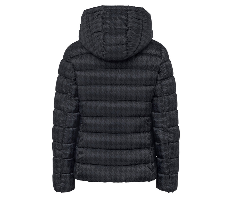 Vue arrière d'une doudoune noire à capuche avec motif pied-de-poule.