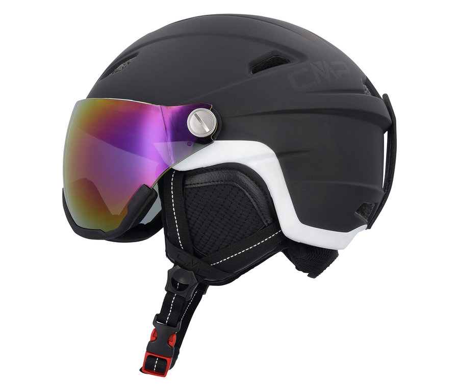 Casque de ski noir avec visière violette.