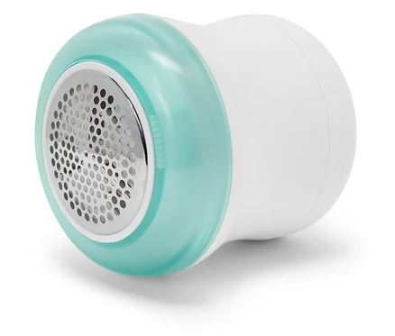 Gros plan d'un anti-bouloche avec un accent bleu-vert sur un fond blanc.