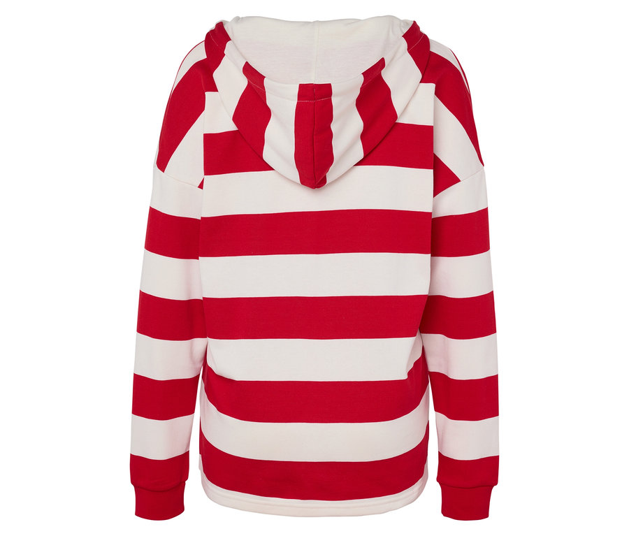 Vue arrière d'un sweat à capuche rayé rouge et blanc.