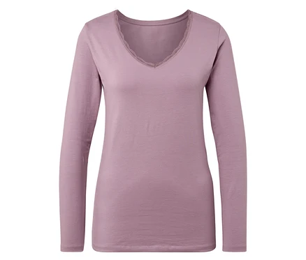 T-shirt à manches longues violet avec col en V et dentelle.