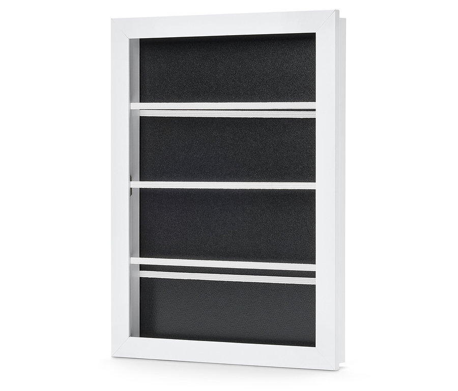 Un cadre repliable blanc avec un fond noir et trois bandes horizontales blanches.