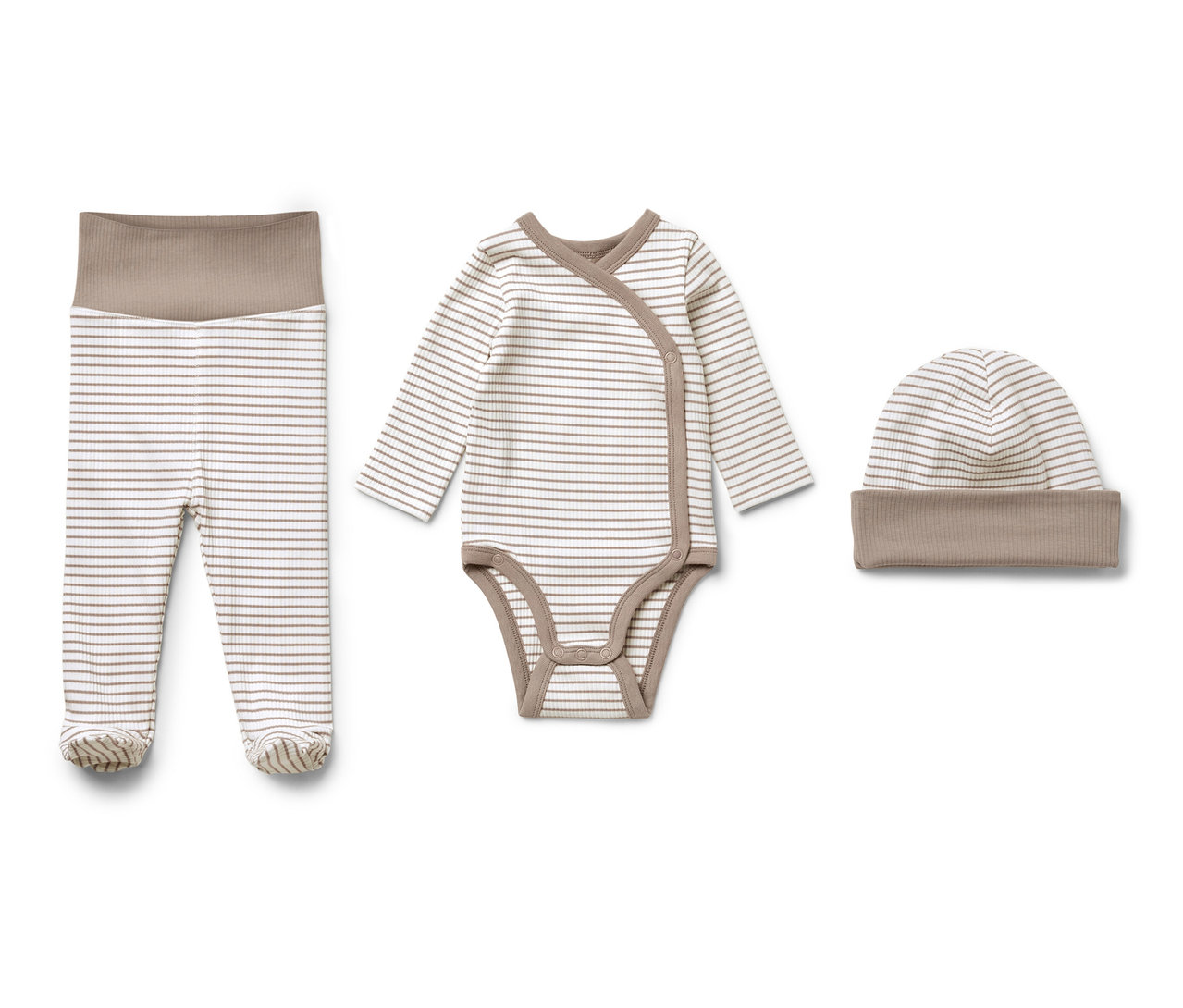 Ensemble pour bébé 3 pièces comprenant un body rayé, un pantalon et un bonnet.