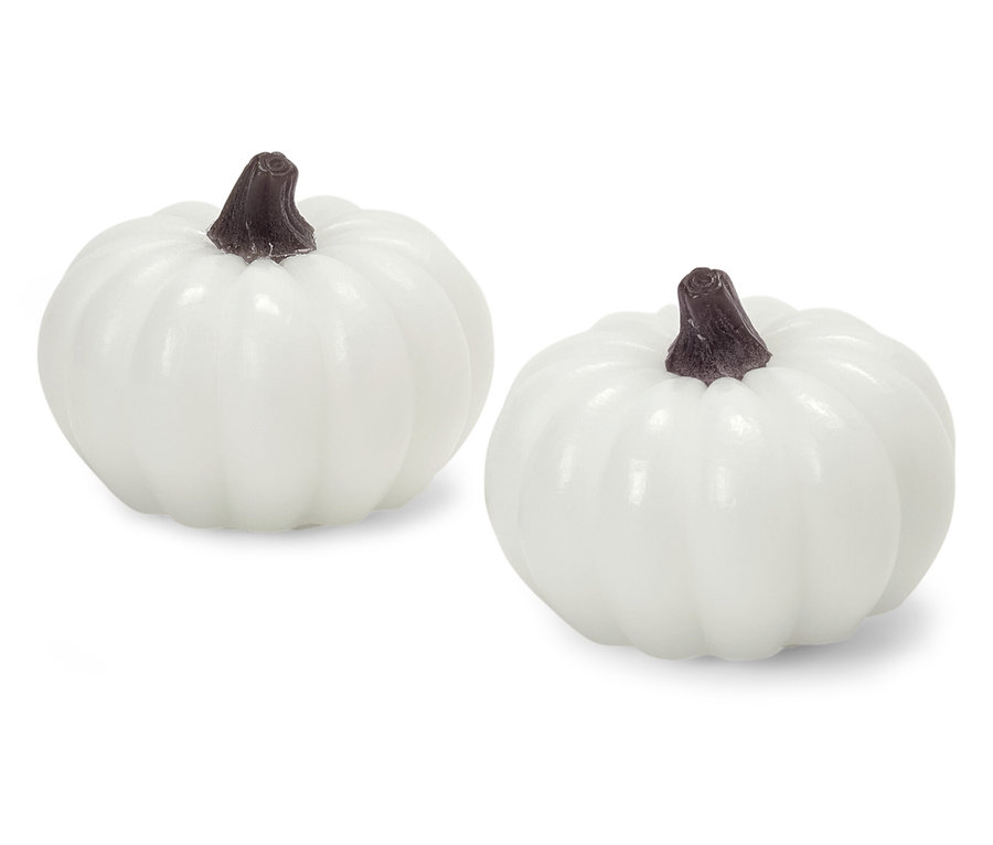 Deux citrouilles blanches avec des tiges brunes reposent sur un fond blanc.