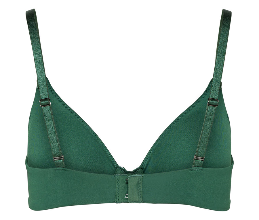 Vue arrière d'un soutien-gorge vert avec des bretelles réglables et une fermeture à agrafes.