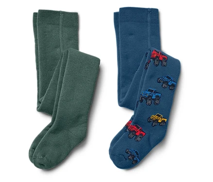 Deux collants pour enfants : un vert et un bleu avec un imprimé de voitures.