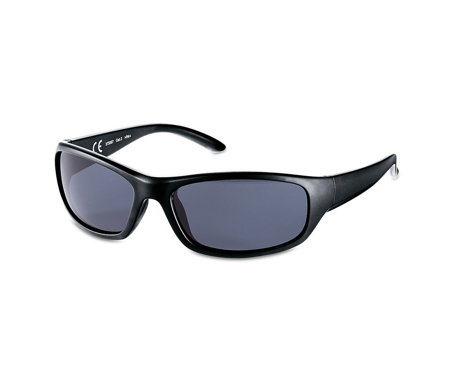 Lunettes de sport flottantes noires sur fond blanc.
