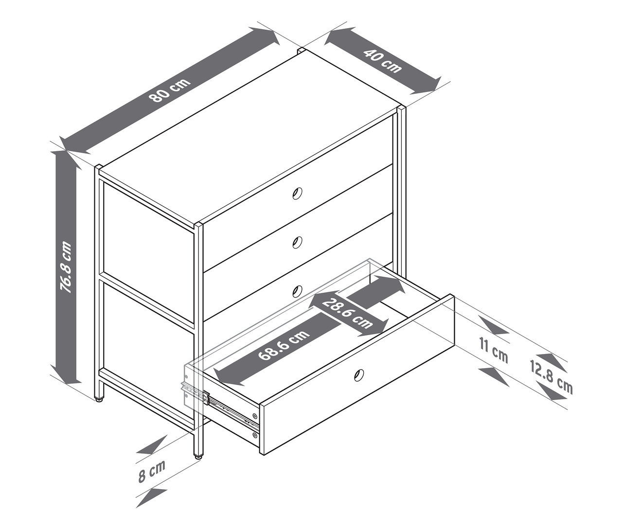 Schéma de la commode »KLAAR« avec 4 tiroirs aux dimensions indiquées.