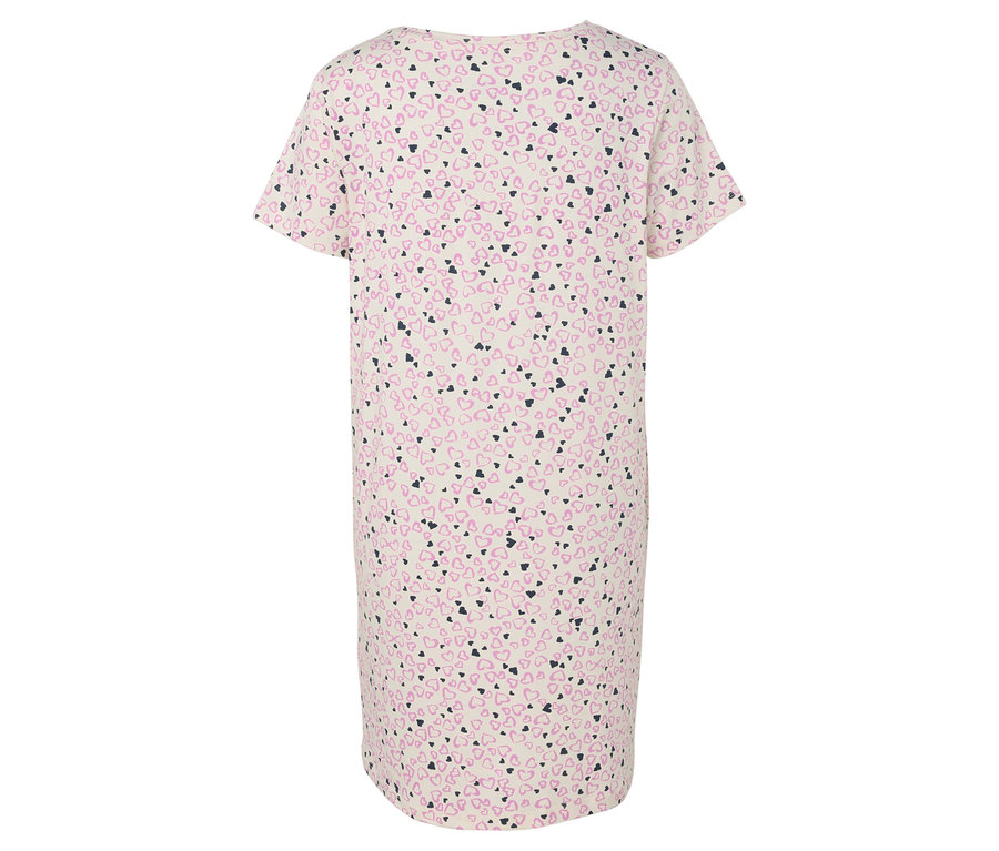 Vue arrière d'une chemise de nuit blanche à manches courtes, imprimée de petits cœurs roses et noirs.
