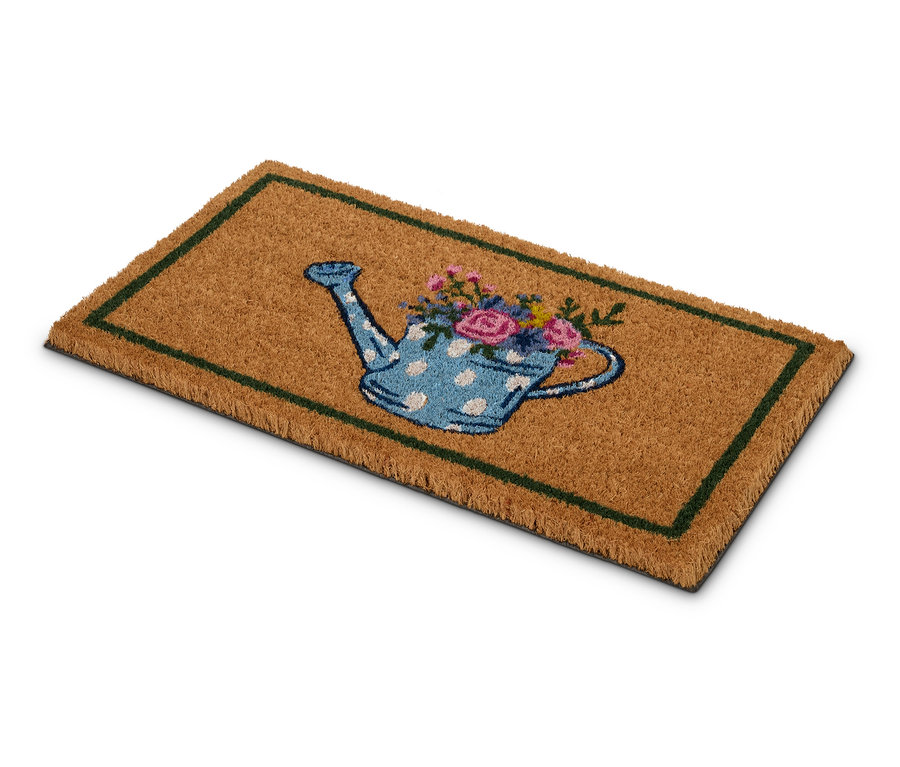 Paillasson avec motif d'arrosoir et de fleurs.