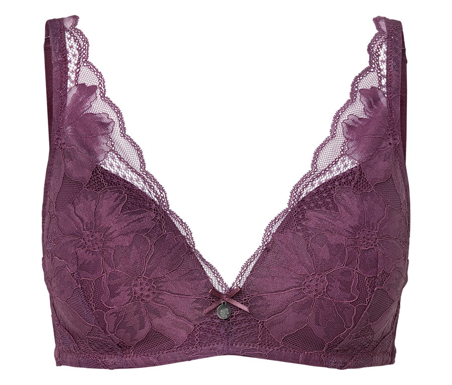 Soutien-gorge en dentelle prune à motif floral.
