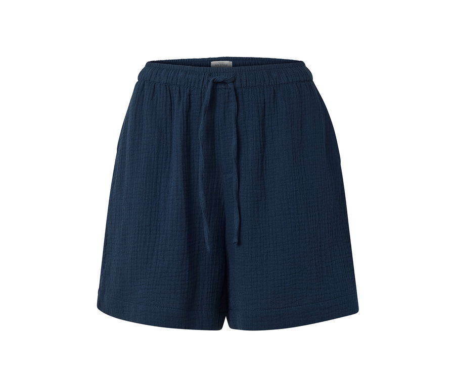 Short en mousseline bleu marine avec taille élastique et cordon de serrage.