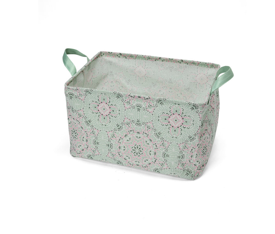 Une boîte de rangement pliable avec un motif de mandala et des poignées vertes.