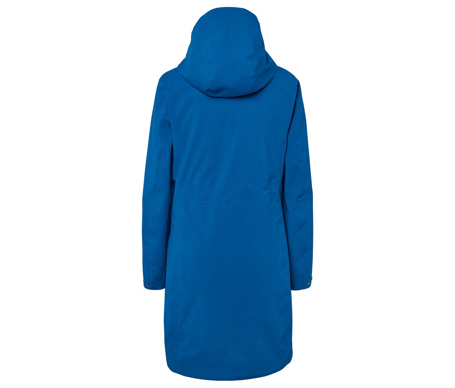 Vue arrière d'une veste bleue à capuche.