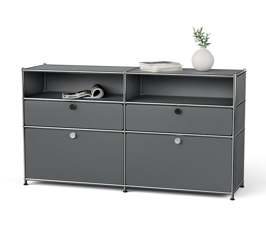 Buffet modulable gris avec quatre tiroirs et des étagères ouvertes.