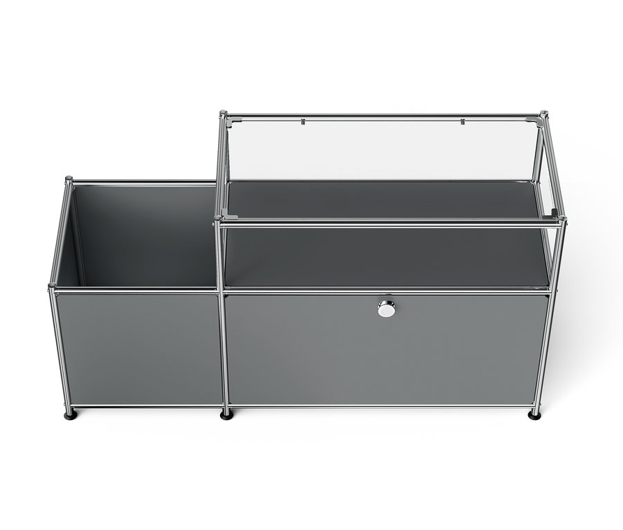 Système de rangement modulaire gris avec compartiment ouvert et tiroir.