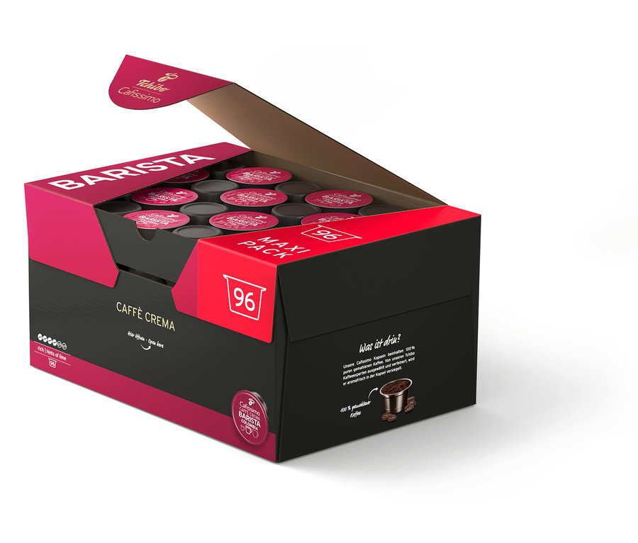 Paquet ouvert de capsules Cafissimo BARISTA Caffè Crema de 96 capsules.
