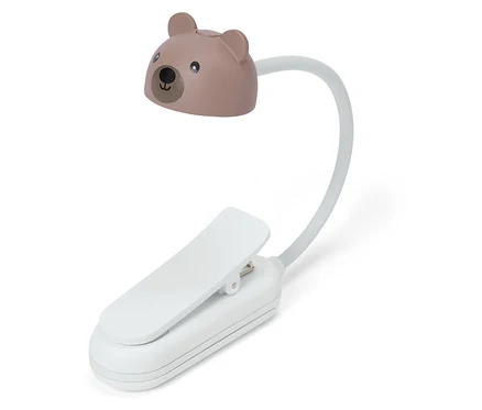 Lampe de lecture blanche avec clip et tête d'ours marron.