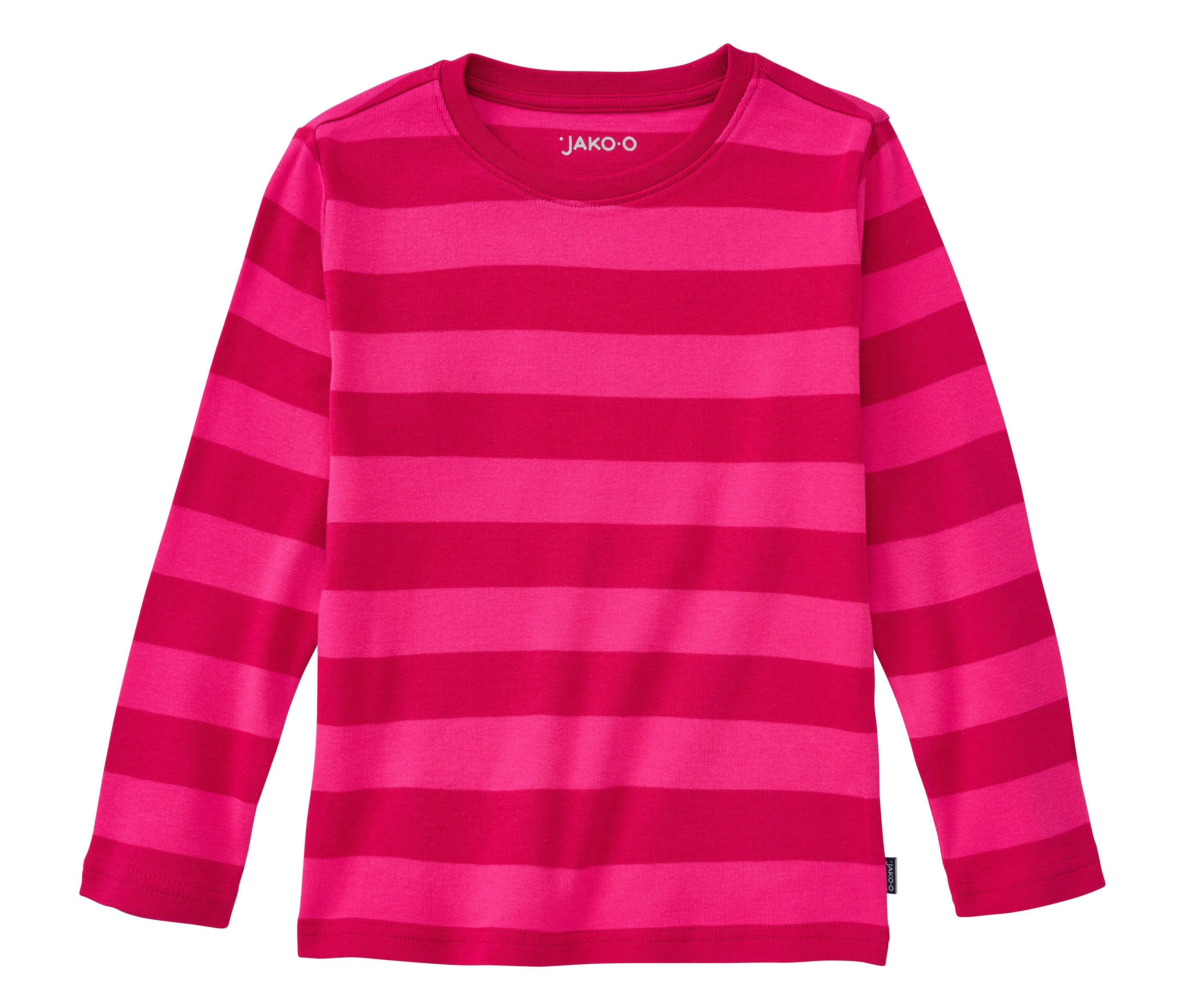 Le t-shirt à rayures JAKO-O en fuchsia-raisin est posé à plat sur une surface blanche.