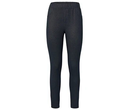 Leggings bleu foncé avec ceinture élastique et fausses poches.