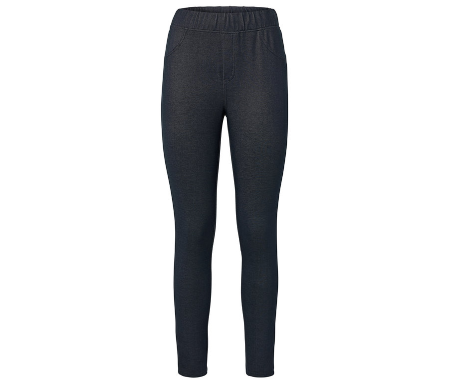 Leggings bleu foncé avec ceinture élastique et fausses poches.