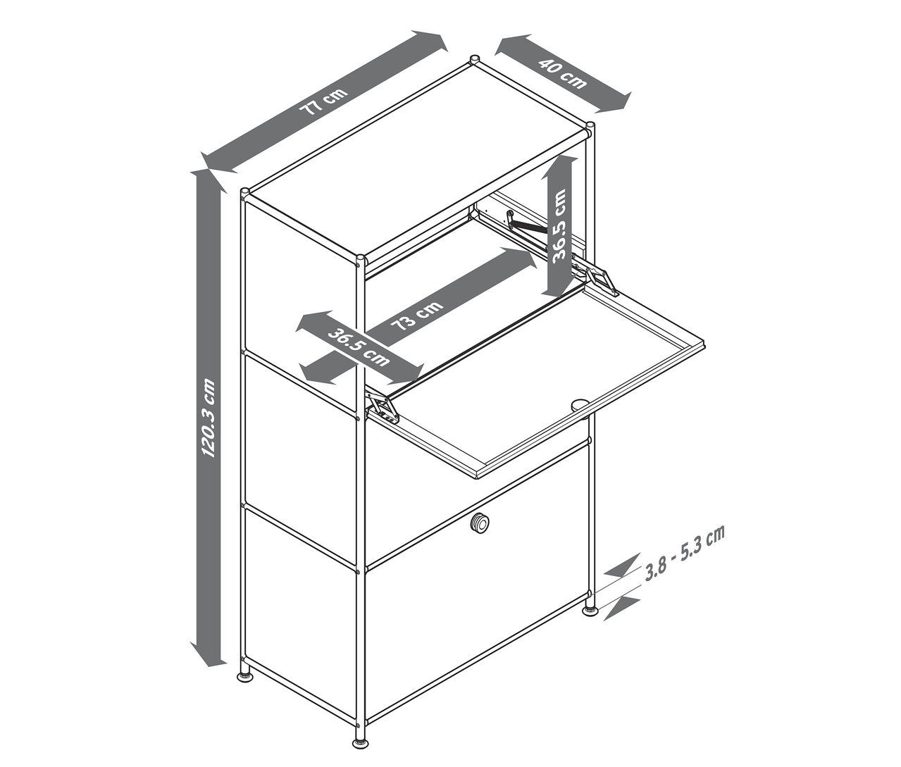 Dessin en noir et blanc d'une armoire avec dimensions, avec partie supérieure ouverte et plateau rabattable.