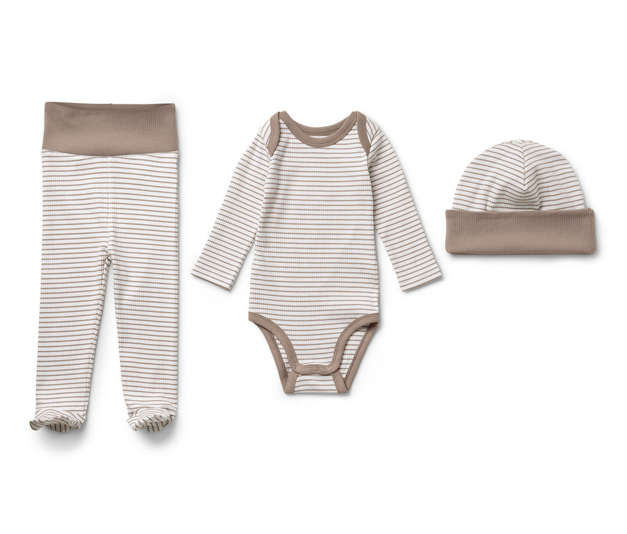 Ensemble pour bébé, 3 pièces : body rayé à manches longues, pantalon et bonnet.