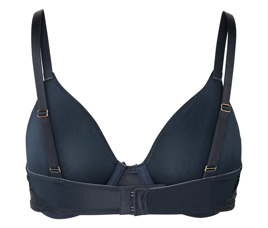 Vue arrière d'un soutien-gorge bleu marine avec de fines bretelles et des finitions en dentelle.