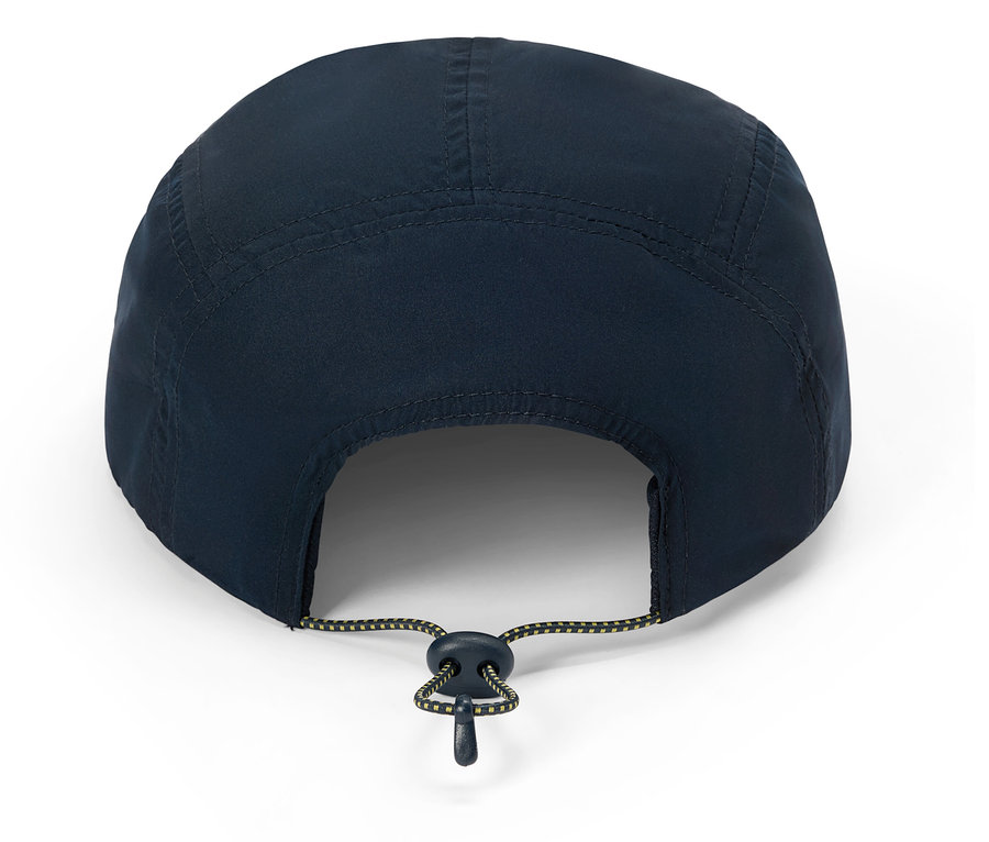 Vue arrière d'une casquette bleu marine avec cordon élastique réglable.