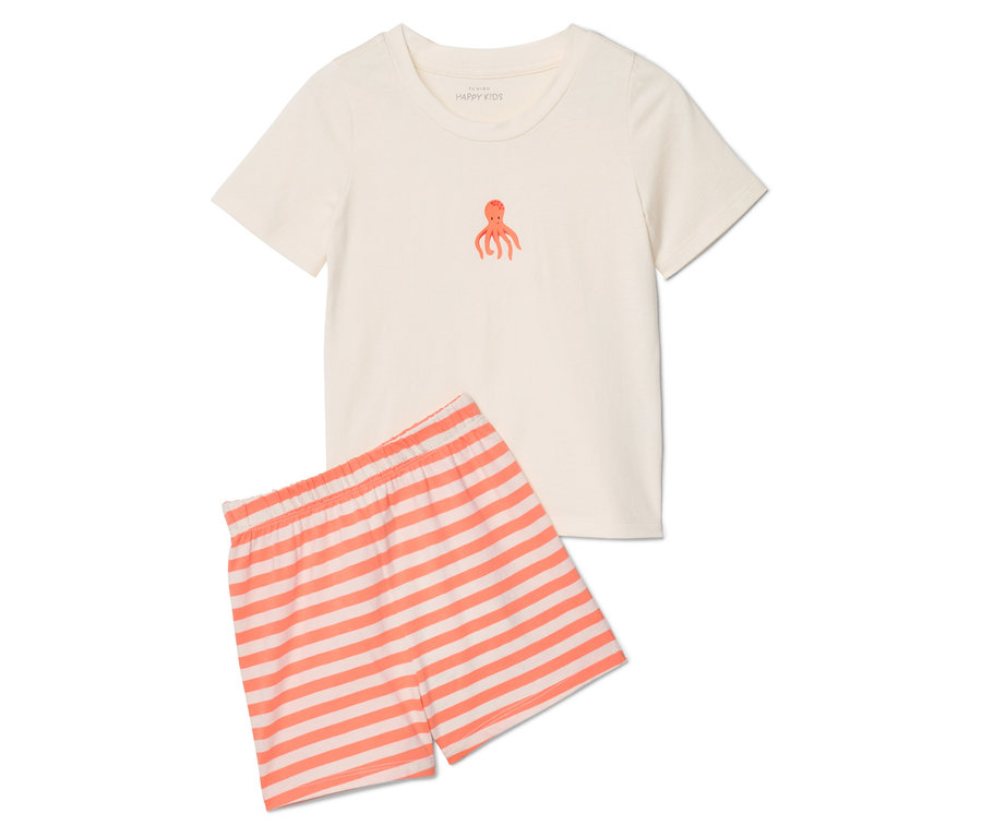Un t-shirt blanc avec une pieuvre orange et un short rayé orange et blanc sont posés sur un fond blanc.