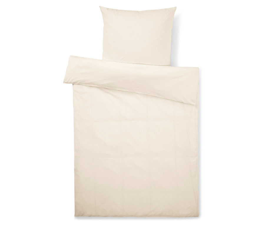 Vue de dessus d'une parure de lit beige comprenant une taie d'oreiller et une housse de couette.