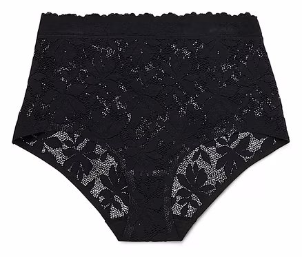 Culotte noire en dentelle à taille haute avec motif floral sur fond blanc.