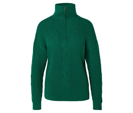 Pull camionneur en tricot vert avec col zippé, motif côtelé et tresse sur le devant.