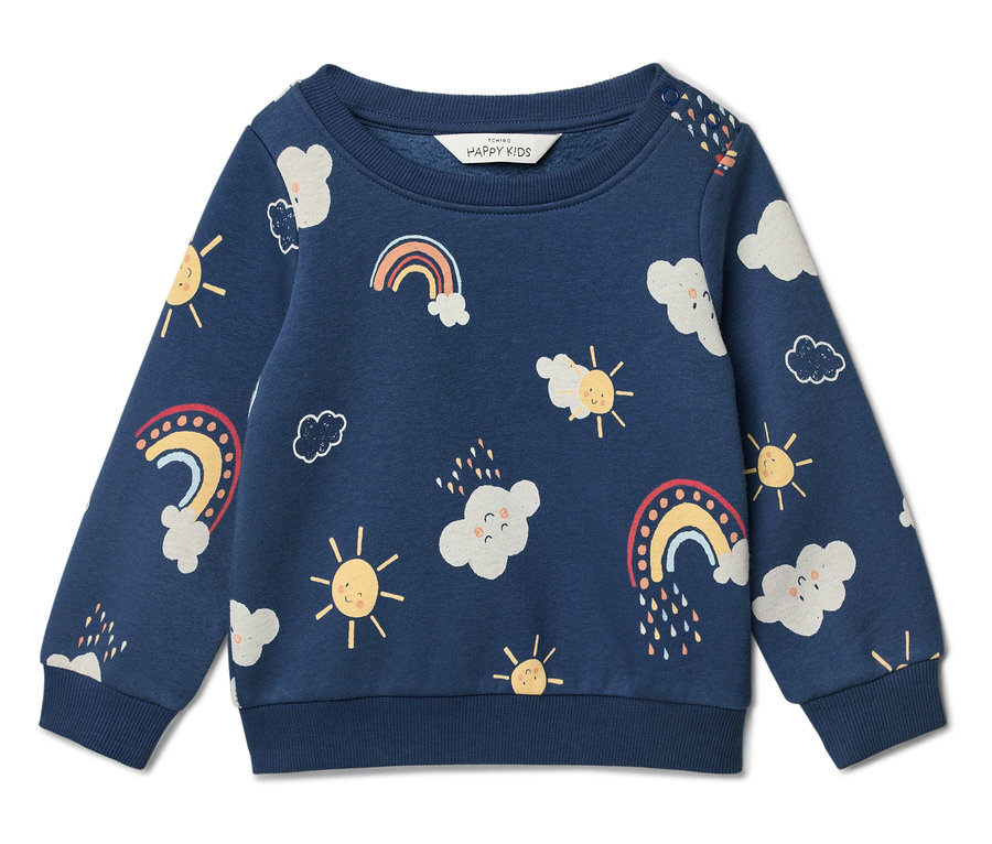 Pull bleu marine avec motif nuages, soleils et arc-en-ciel.