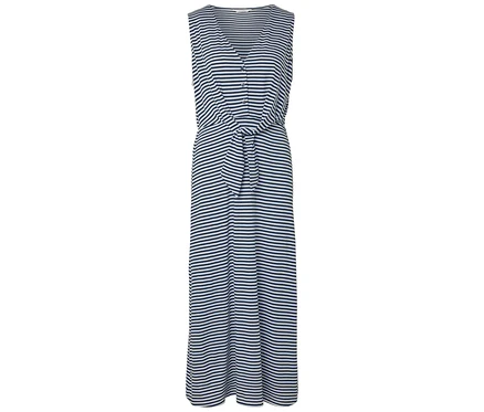 Robe maxi rayée sans manches avec col en V, patte de boutonnage et ceinture à nouer.