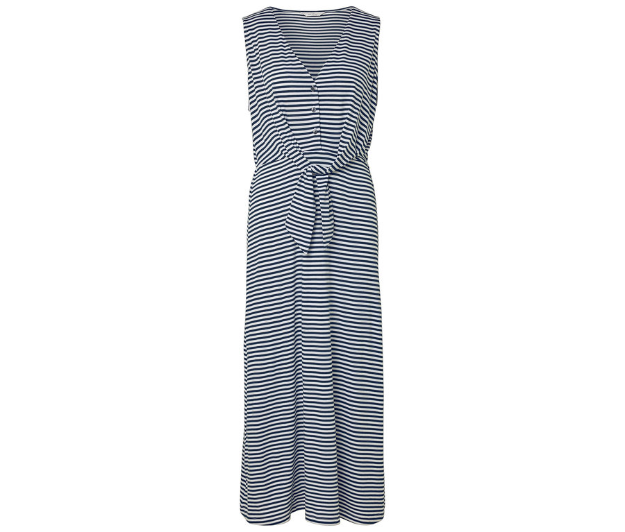 Robe maxi rayée sans manches avec col en V, patte de boutonnage et ceinture à nouer.