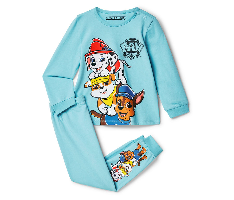 Pyjama bleu clair à motif Pat' Patrouille, composé d'un haut à manches longues et d'un pantalon.