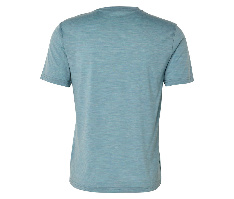 Vue arrière d'un t-shirt bleu clair à manches courtes.