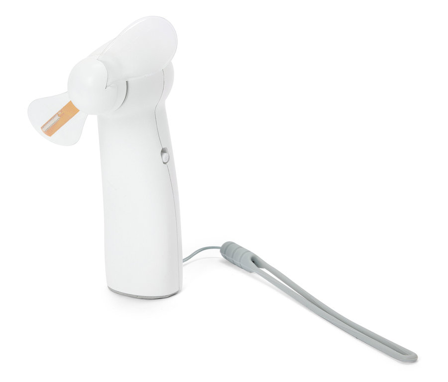Mini ventilateur électrique blanc avec dragonne grise sur fond blanc.