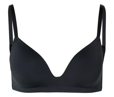 Soutien-gorge noir à fines bretelles sur fond blanc.