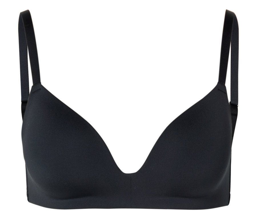 Soutien-gorge noir à fines bretelles sur fond blanc.