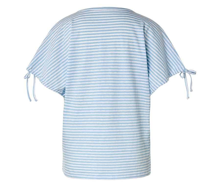 Vue arrière d'un t-shirt rayé bleu et blanc à manches courtes avec des liens au bout des manches.