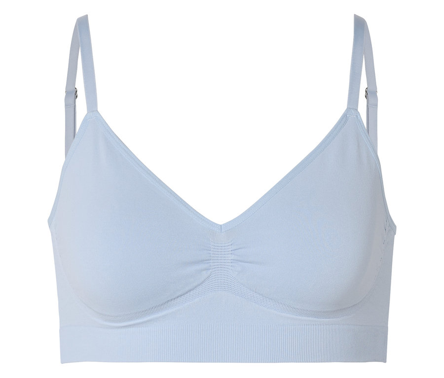 Soutien-gorge bleu clair avec décolleté en V et bretelles réglables, vue de face.