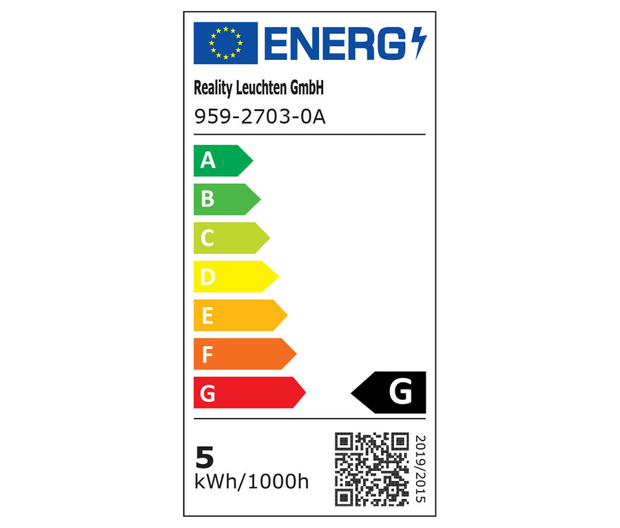 Étiquette énergétique avec classes d'efficacité énergétique de A à G, code QR et valeur de consommation.